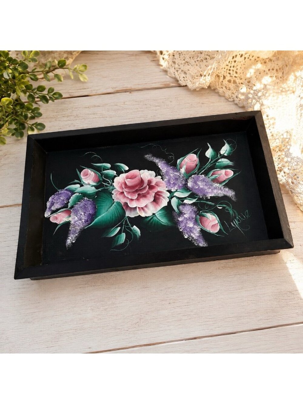 Vintage Handmade Handpainted Floral Wooden Trinket Jewelry Tray Artisan Signed